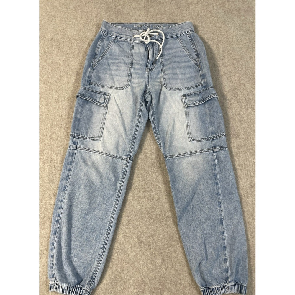 American Eagle Lightweight Blue Soft Denim Jean‎ Joggers sz 4 Cargo Pockets